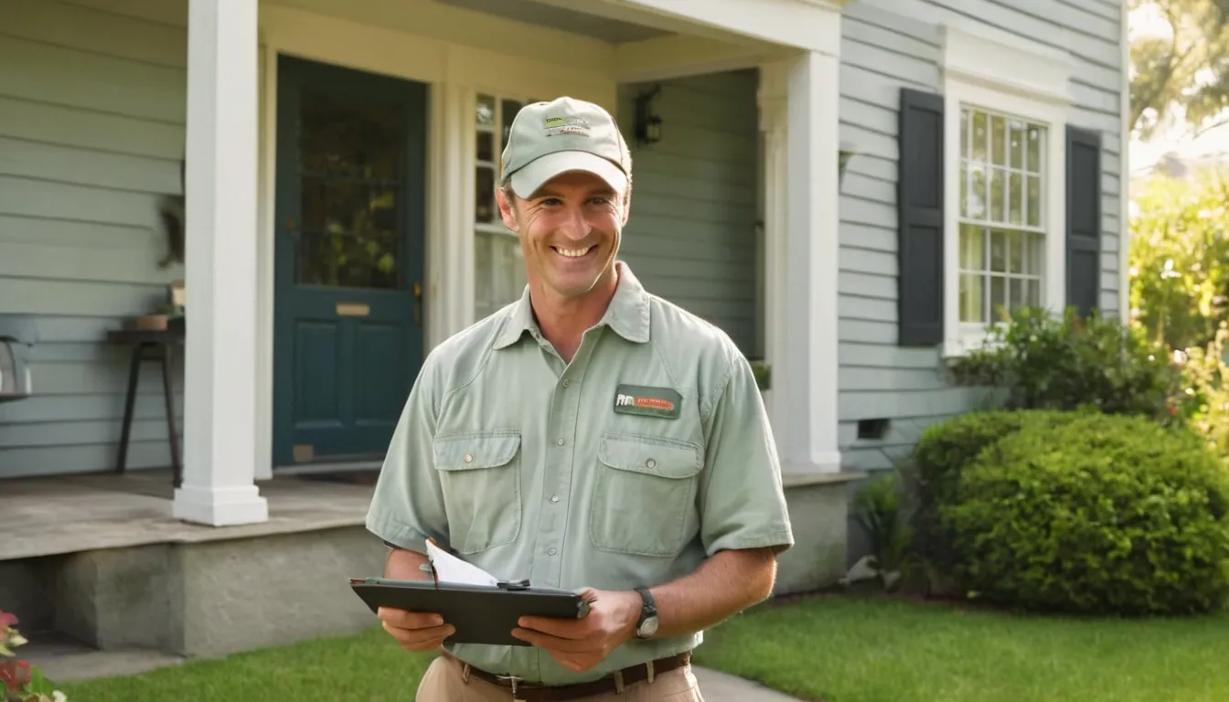 A friendly provider talking with a homeowner at the front door of a frame house in Cottage Grove